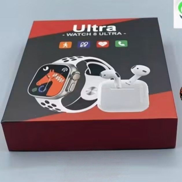 Watch 8 Ultra Smartwatch with Free Airpods | 2.02" HD Display | Bluetooth Calling | Health Tracking | 2 Straps | Orange + White